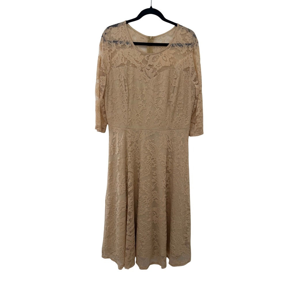 Floral Lace Fit and Flare Cocktail Dress Size L 3/4 Sleeve Nude Wedding Guest